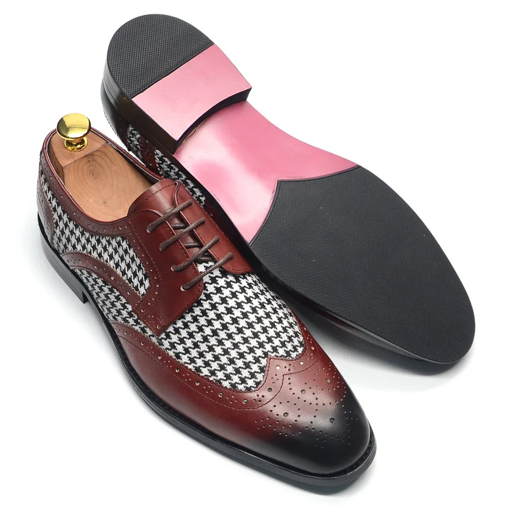 Patchwork Houndstooth Leather Brogue Shoes