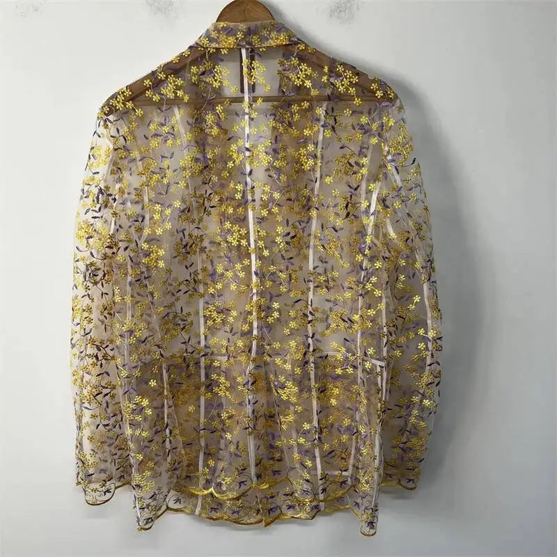 Yellow Purple Floral Embroidered Sheer Blazer
