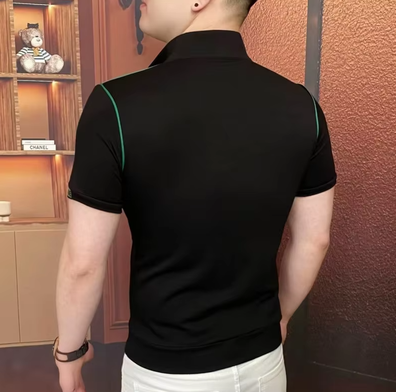 Black Collar Embroidered Zipper Polo Shirt
