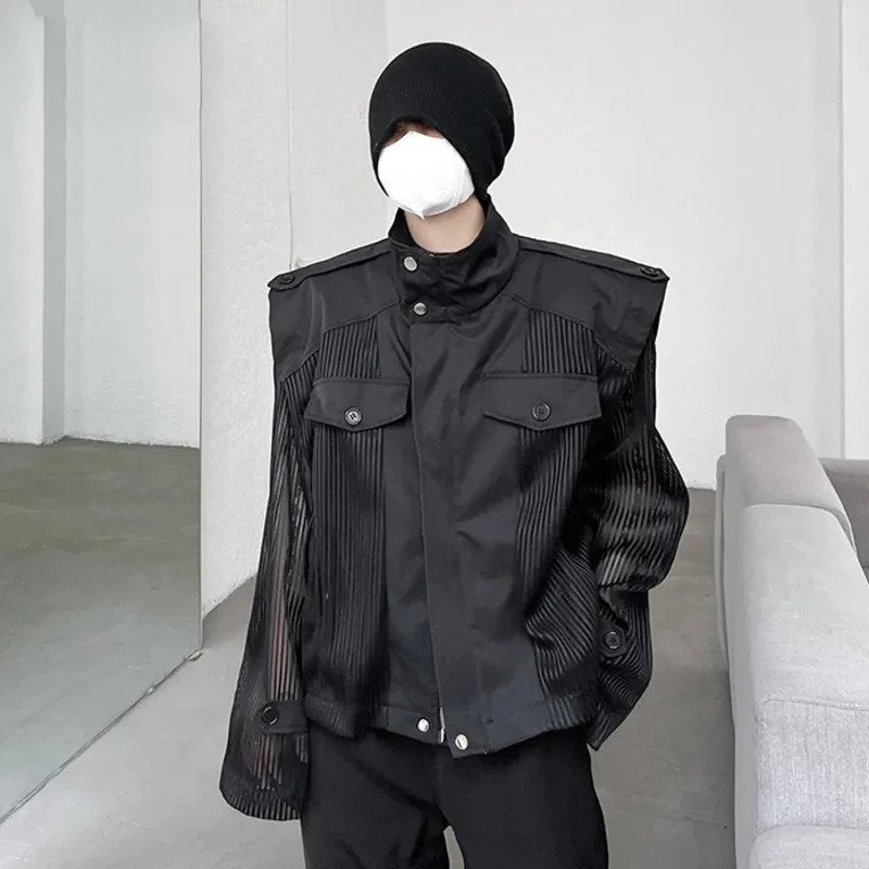 Mesh Splicing Stand Collar Jacket