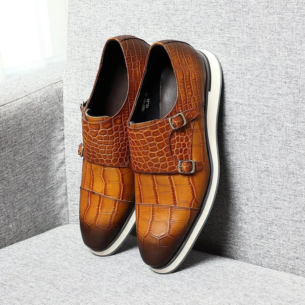 Classic Crocodile Pattern Double Monk Shoes