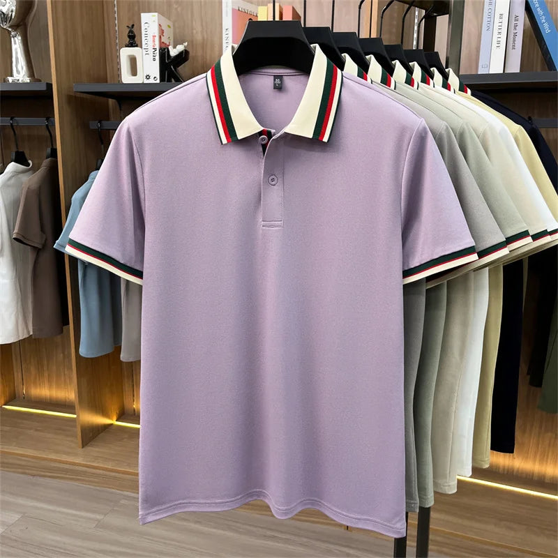 Stripes Color Blocked Lapel Polo Shirt
