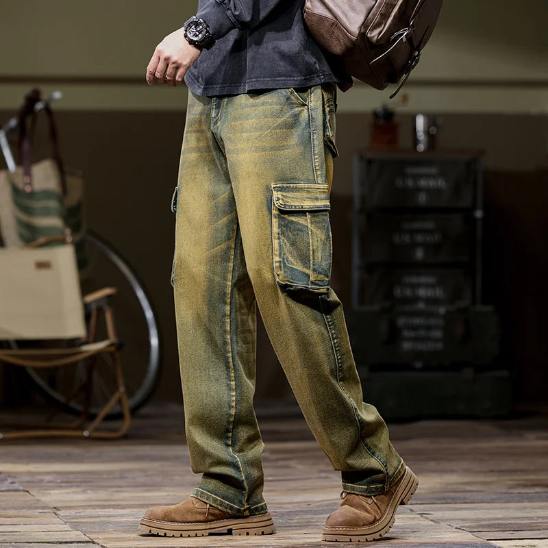 Washed Multi-Pocket Cargo Straight Jeans