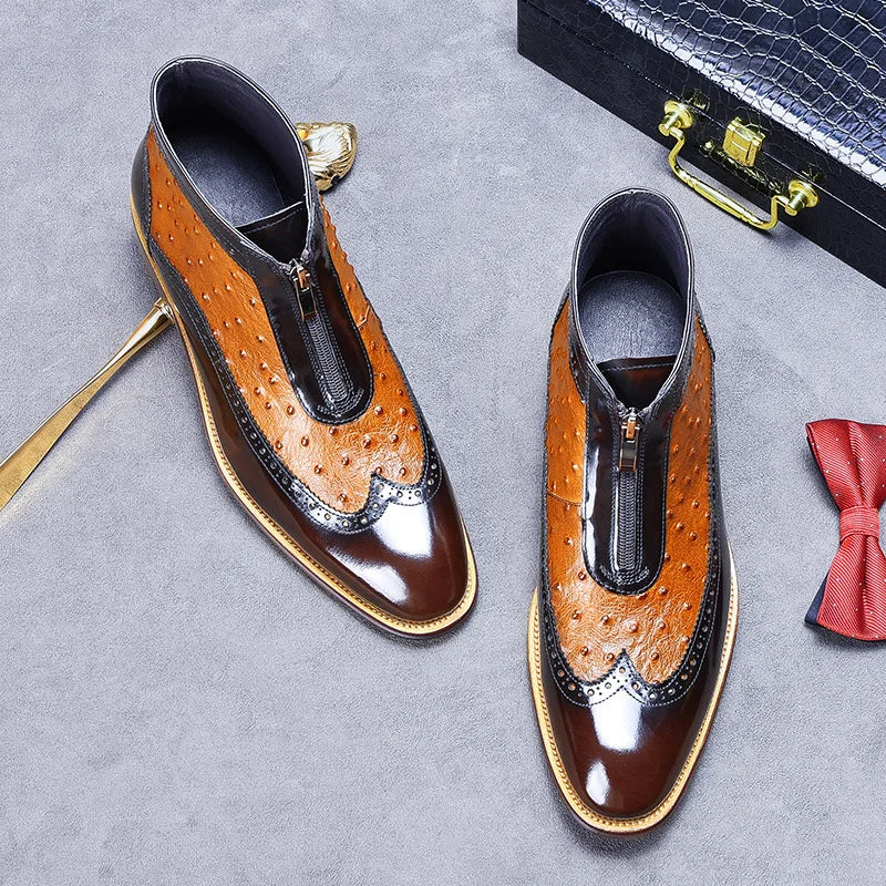 Ostrich Pattern Leather Wingtip Boots