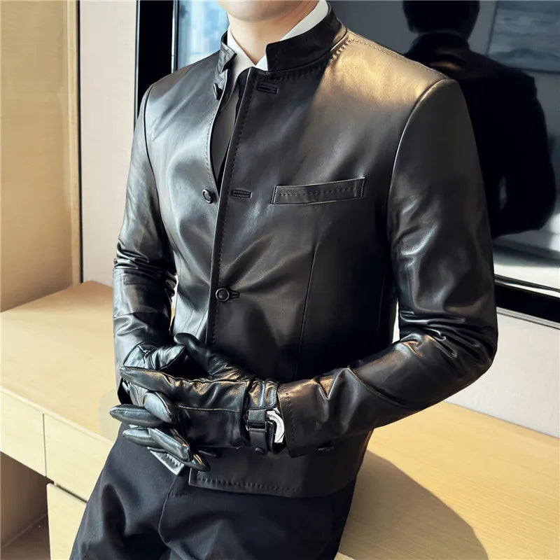 Shiny Black Leather Stand Collar Jacket