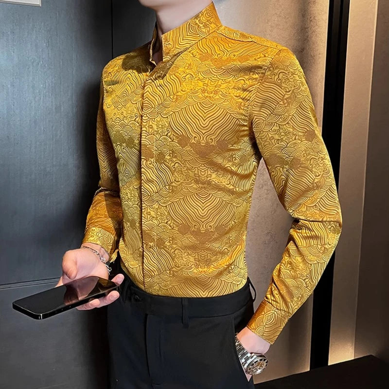 Geometric Printed Stand Up Collar Shirt