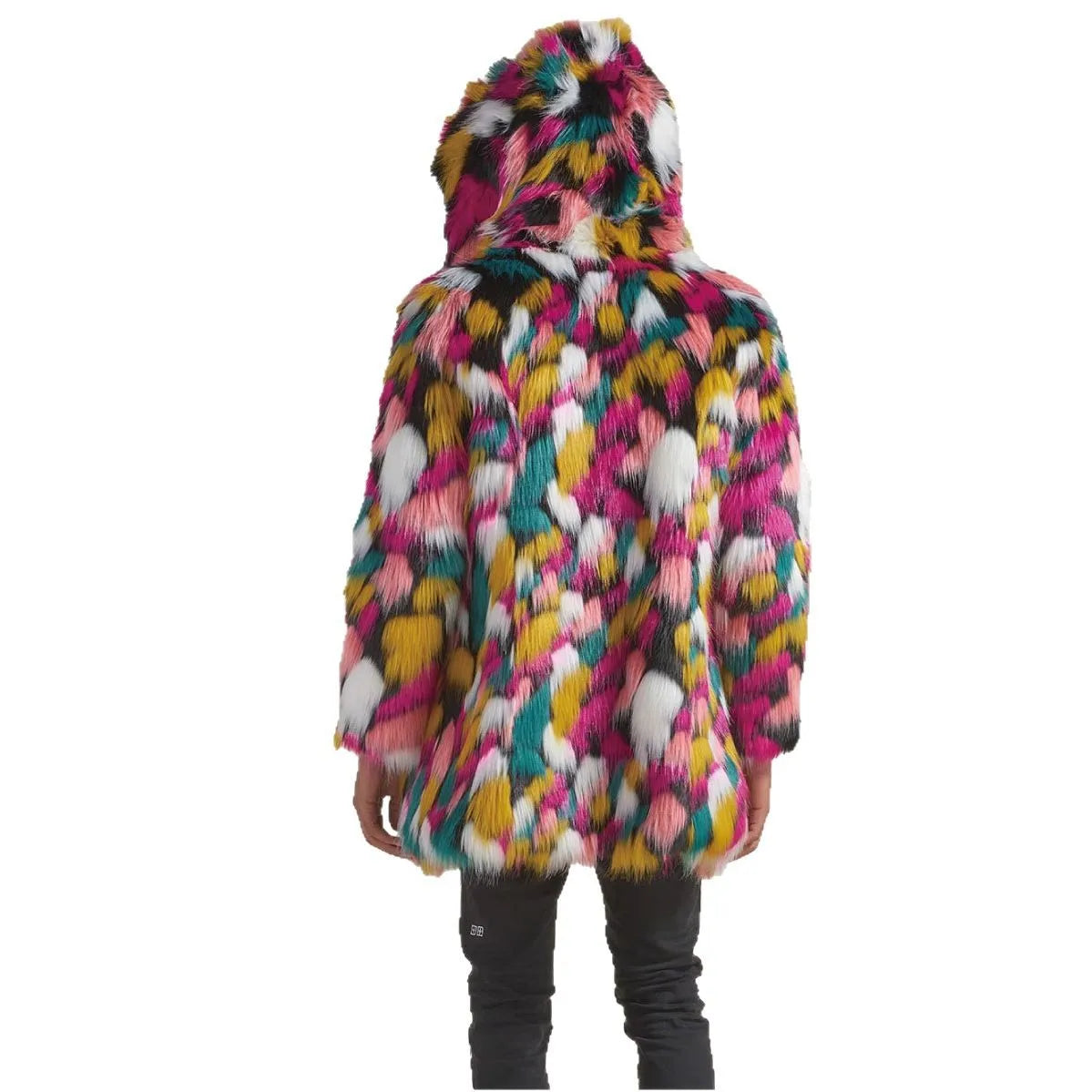 Colorful Faux Fur Patchwork Hooded Coat