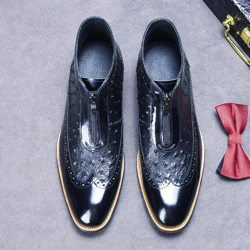 Ostrich Pattern Leather Wingtip Boots