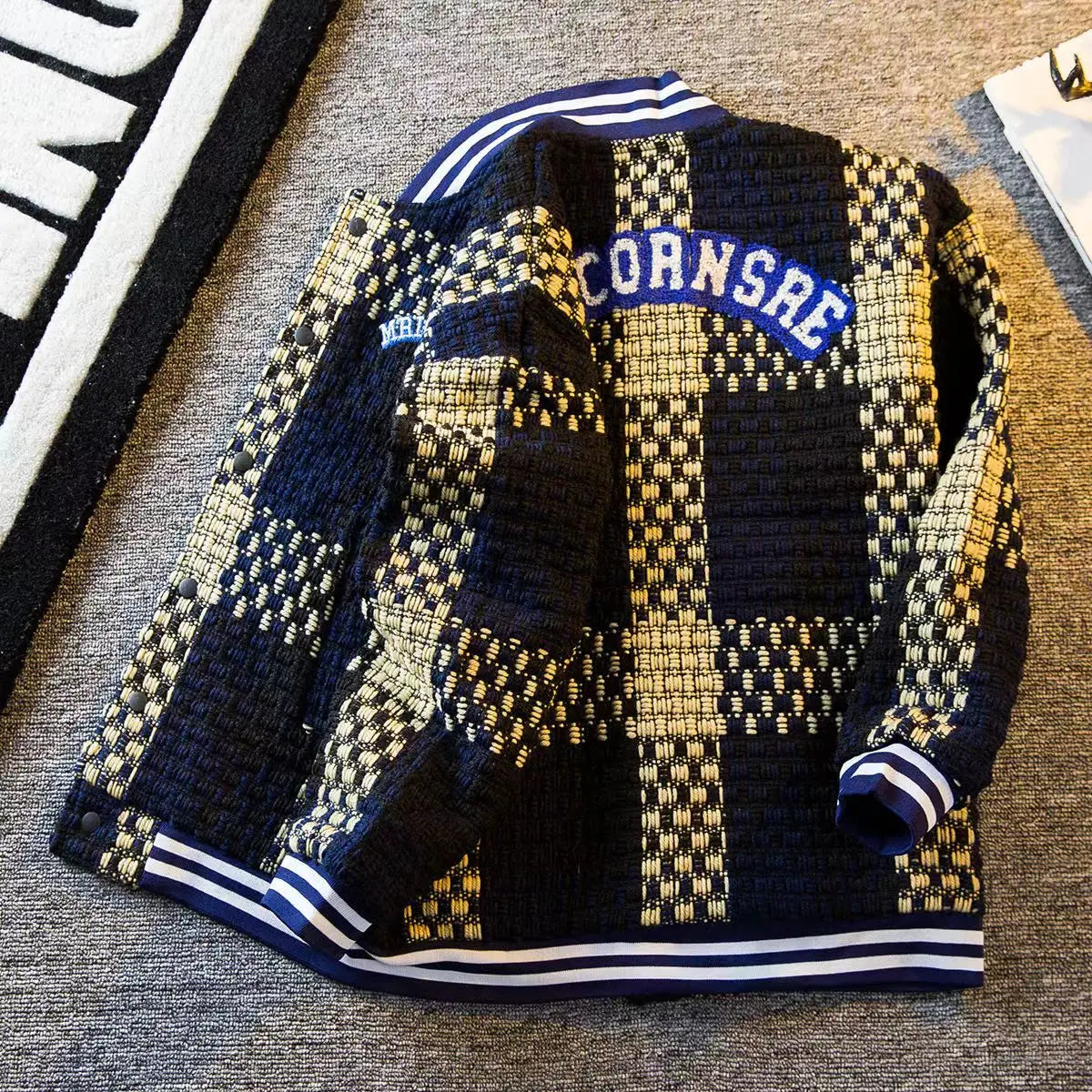 Colorblock Woven Knit Round Collar Jacket