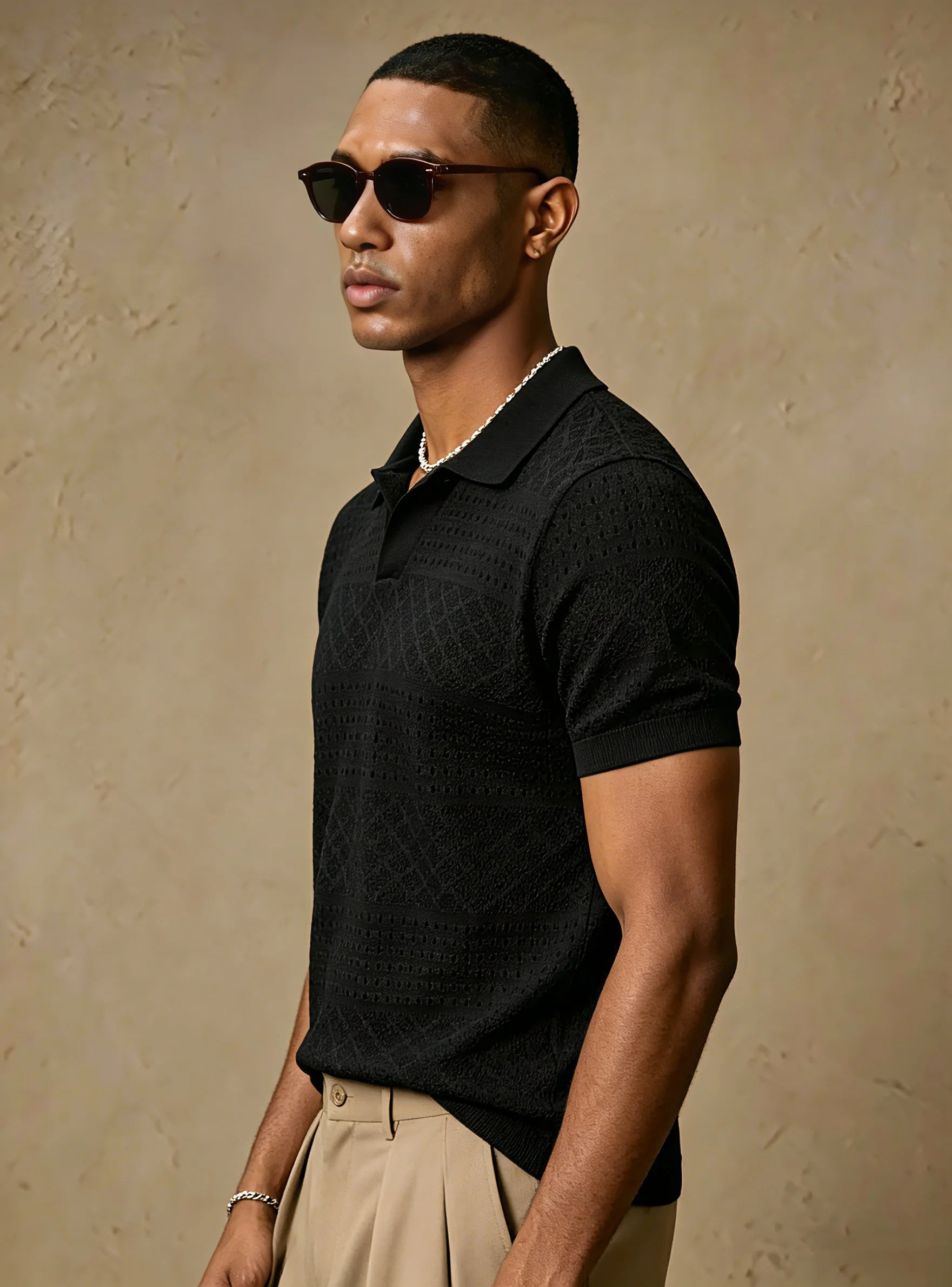 Breathable Hollow Out Knit Polo Shirt