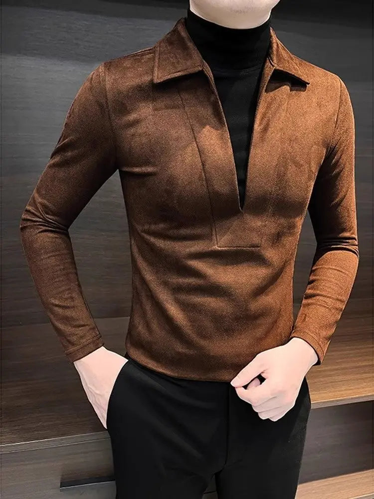 Solid V-neck Fake Two-piece Polo Shirt