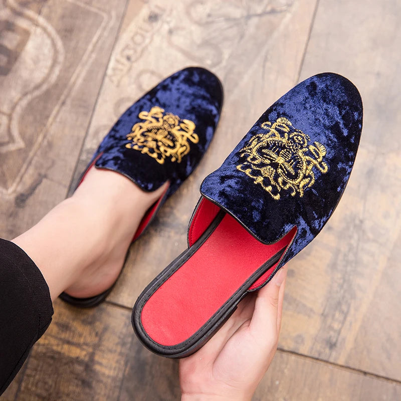 Embroidered Velvet Upper Mules Shoes