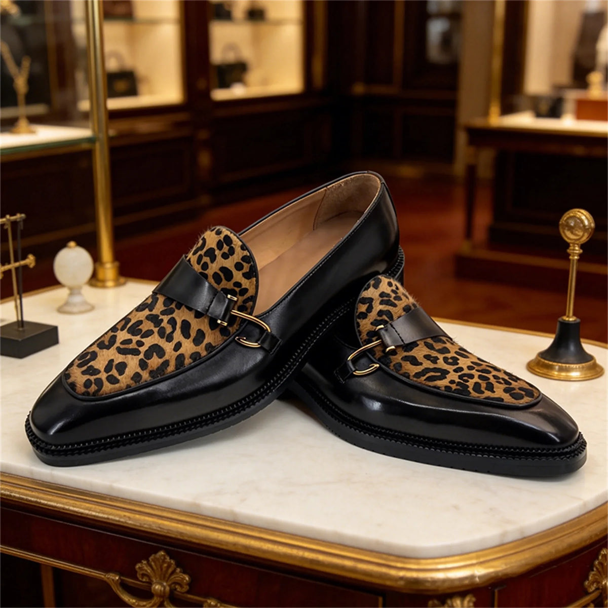 Metal Button Leopard Pattern Loafers