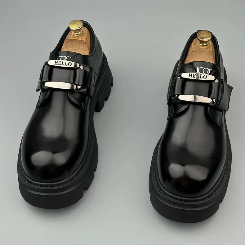 Hello Metal Appliques Black Leather Shoes