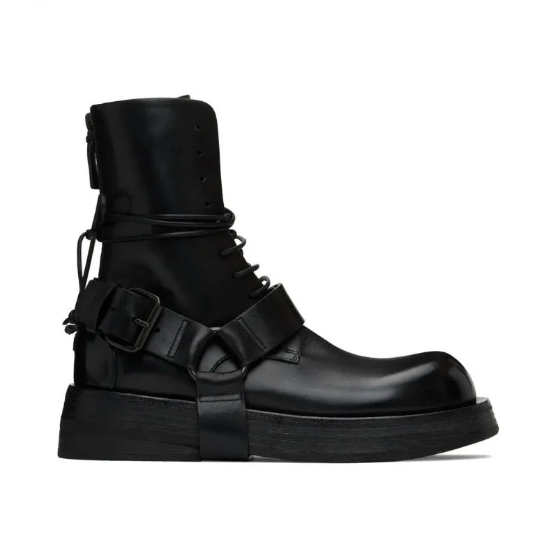 Black Leather Strap Buckle Lace-Up Boots