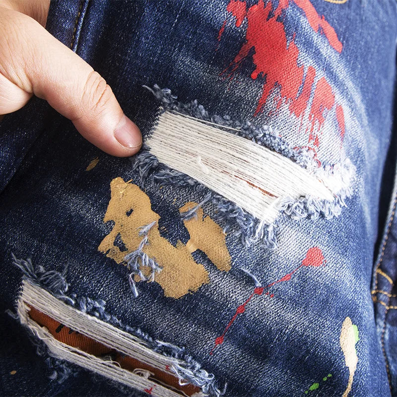 Spray Paint Printed Graffiti Ripped Jeans