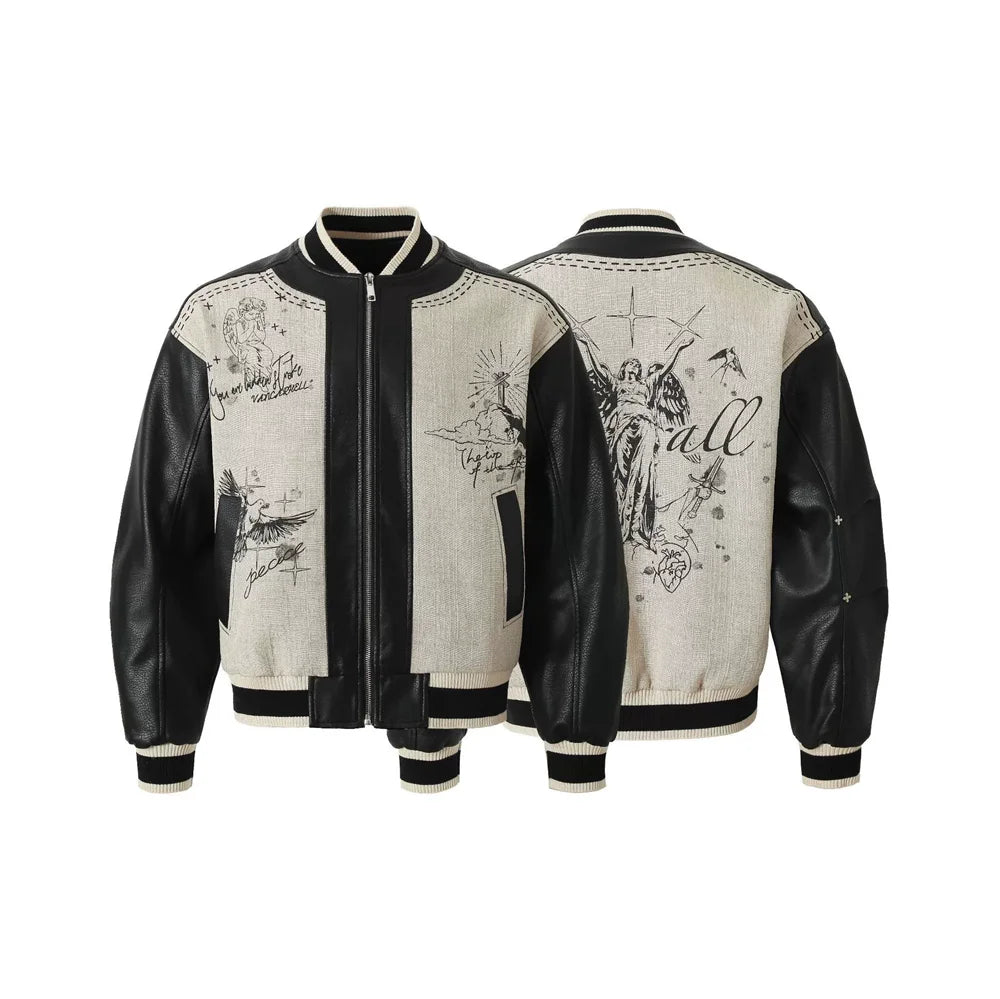 Vintage Sketch Motif Leather Varsity Jacket
