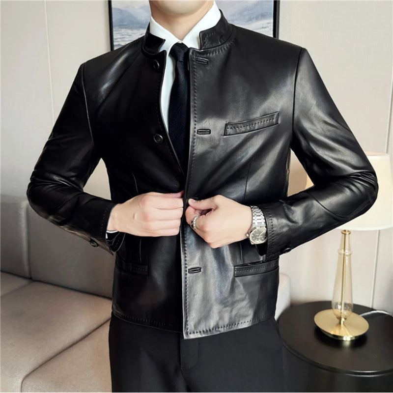 Shiny Black Leather Stand Collar Jacket