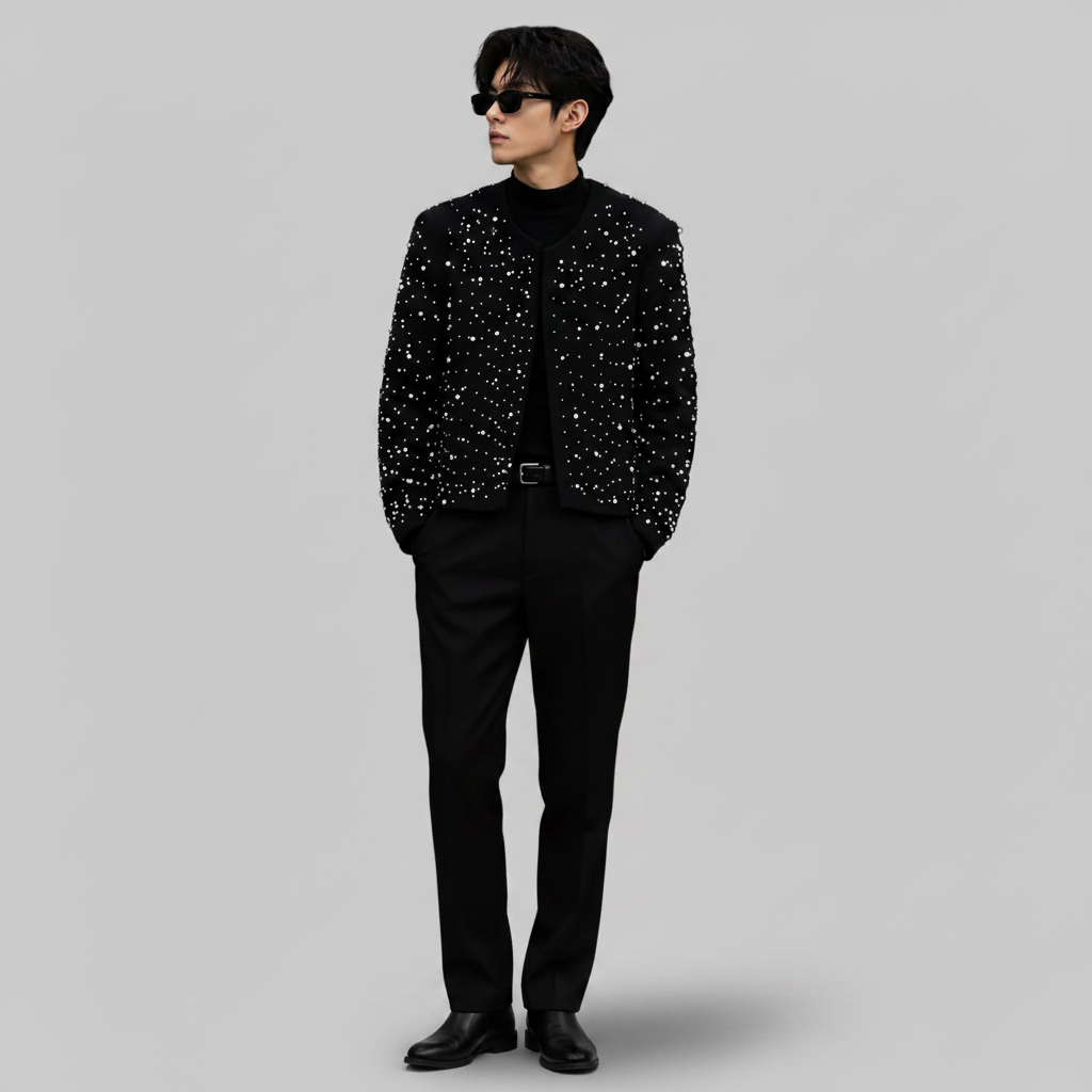 Short Style Beaded Black Jacket