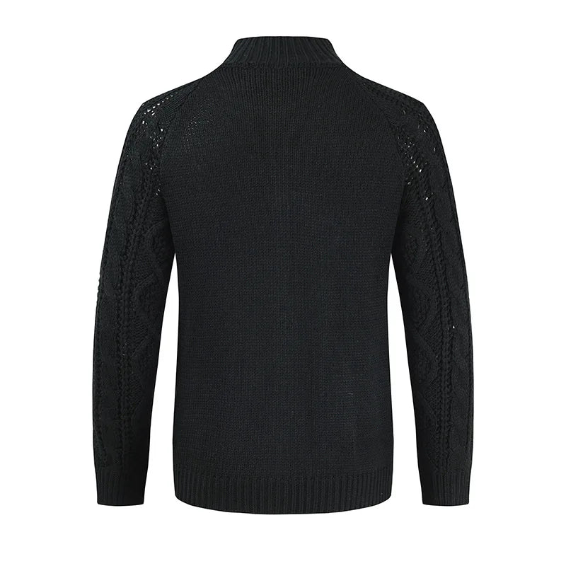 Solid Fitted Cable-knit Stand Collar Cardigan
