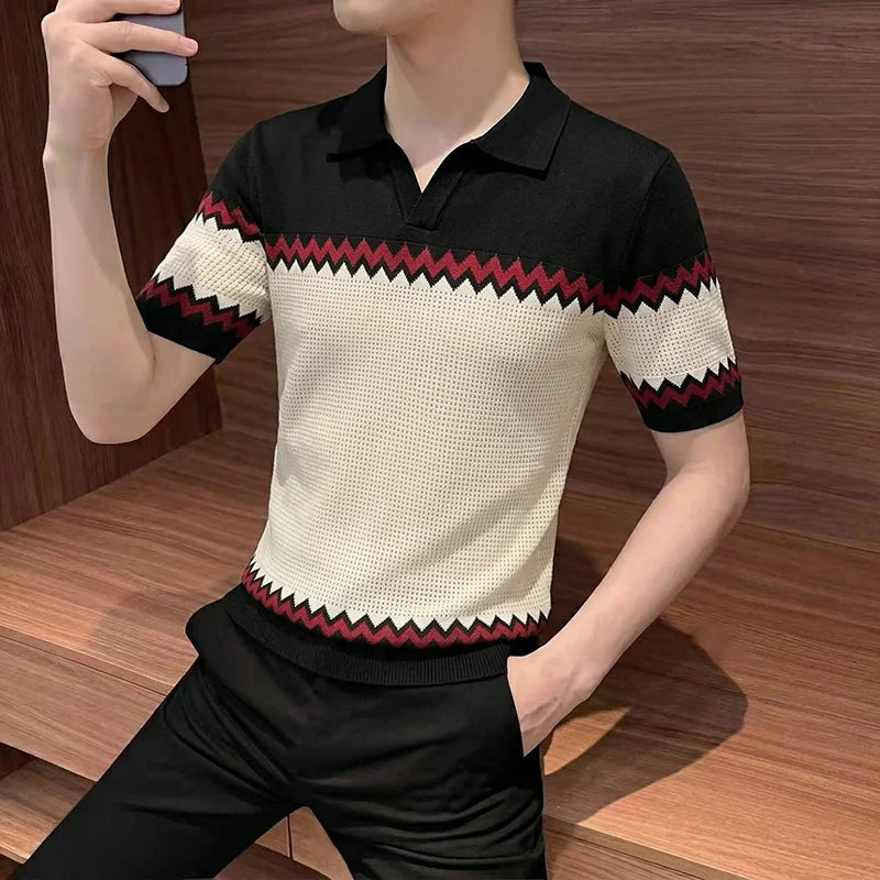 Zig-Zag Striped Knitted Polo Shirt