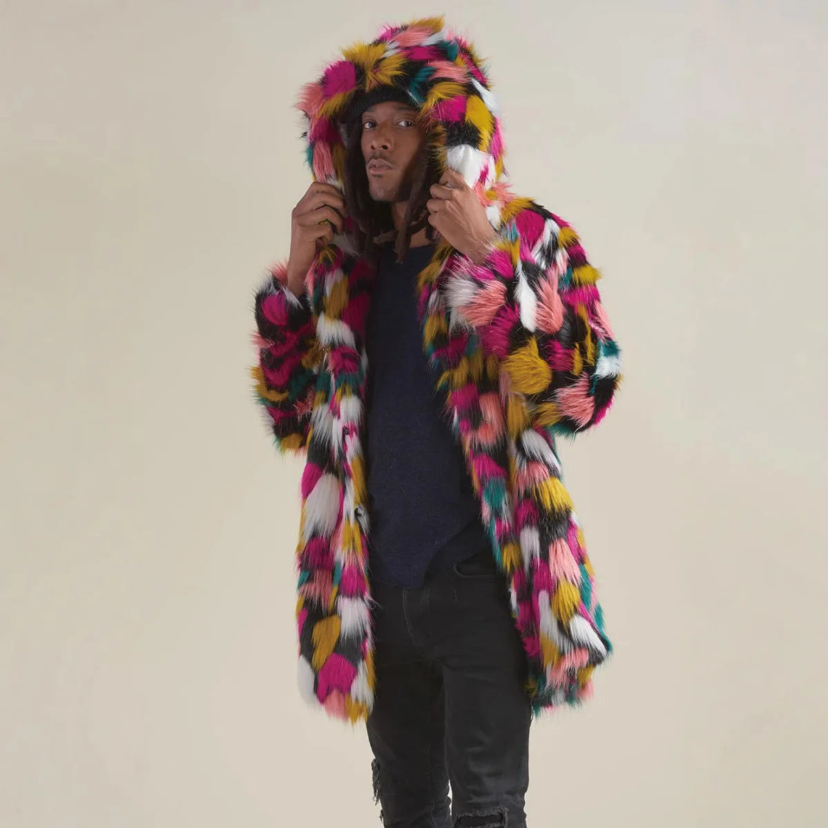 Colorful Faux Fur Patchwork Hooded Coat