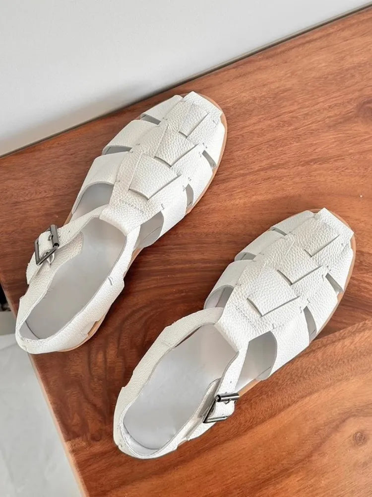 Buckle Solid Close-Toe Weave Sandals