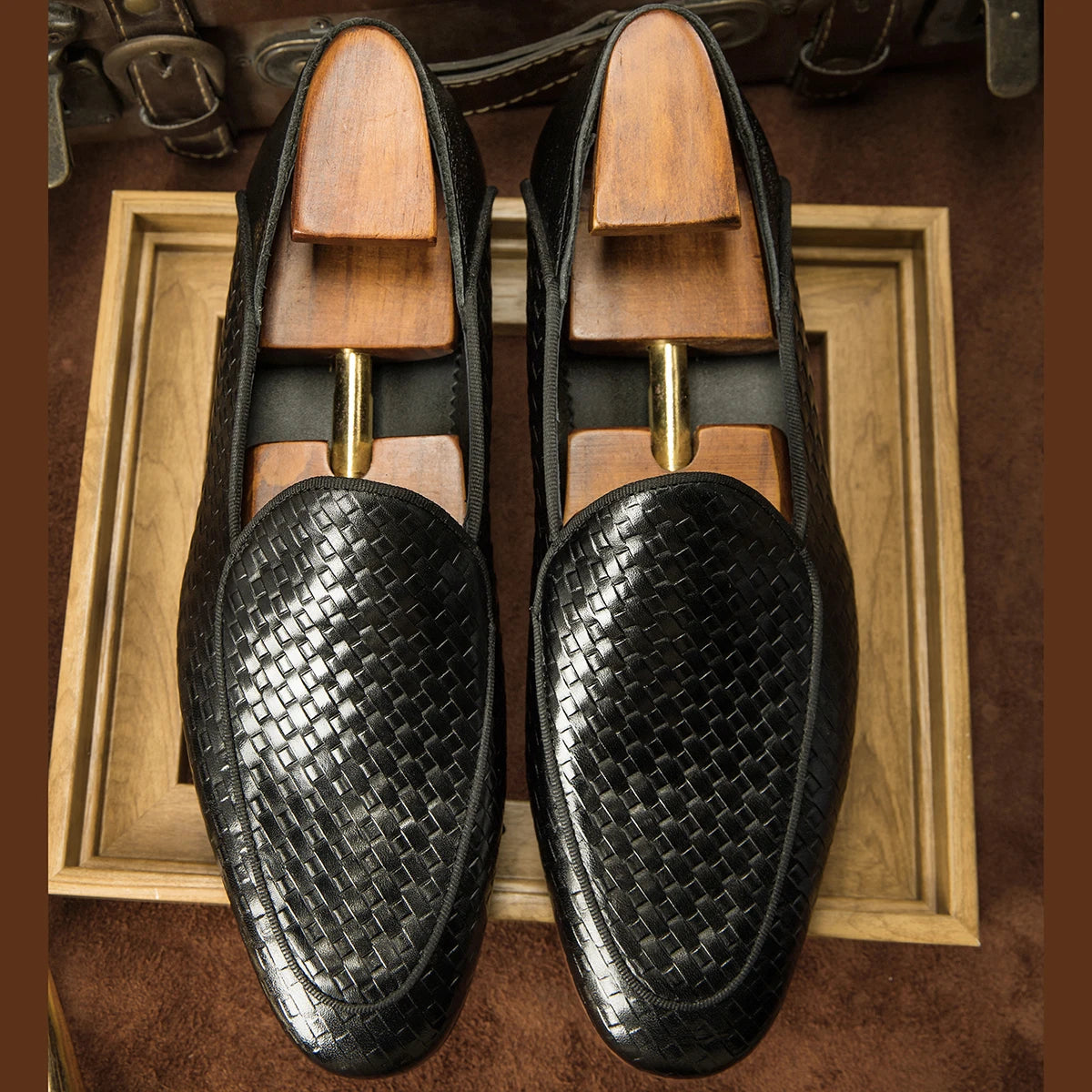 Black Woven Genuine Leather Loafers
