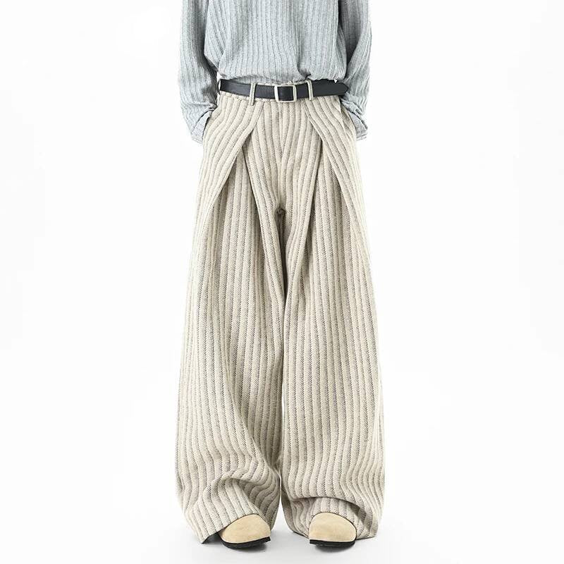 Striped Woolen Pleated Wide-Leg Trousers