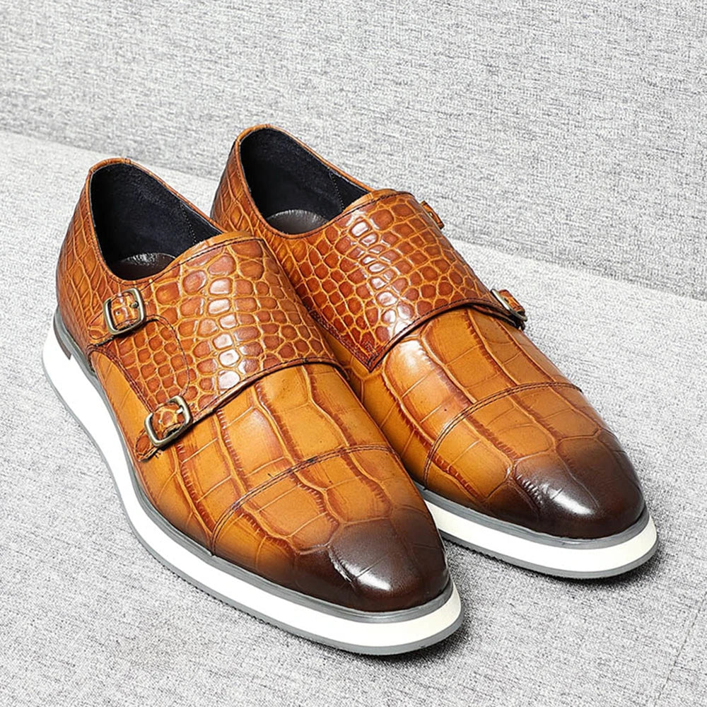 Classic Crocodile Pattern Double Monk Shoes