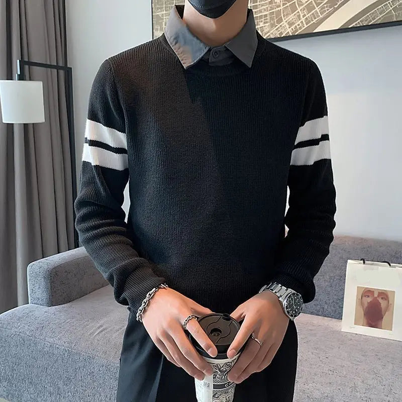 Fake Two Pieces Spliced Stripe Sweater