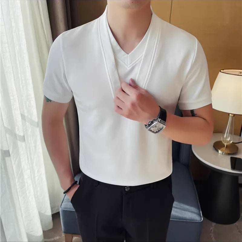 Double Layer V-Neck Solid T-Shirt