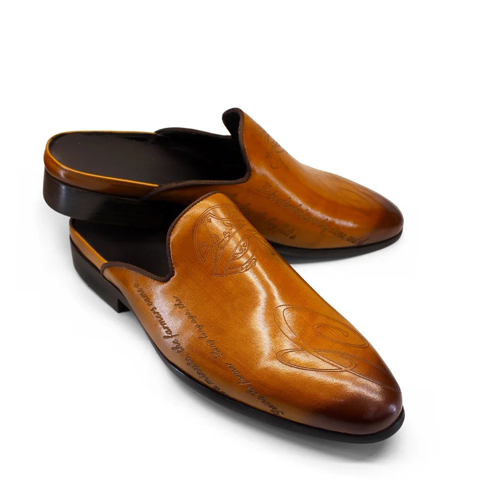 Letter Engraving Leather Mules Shoes