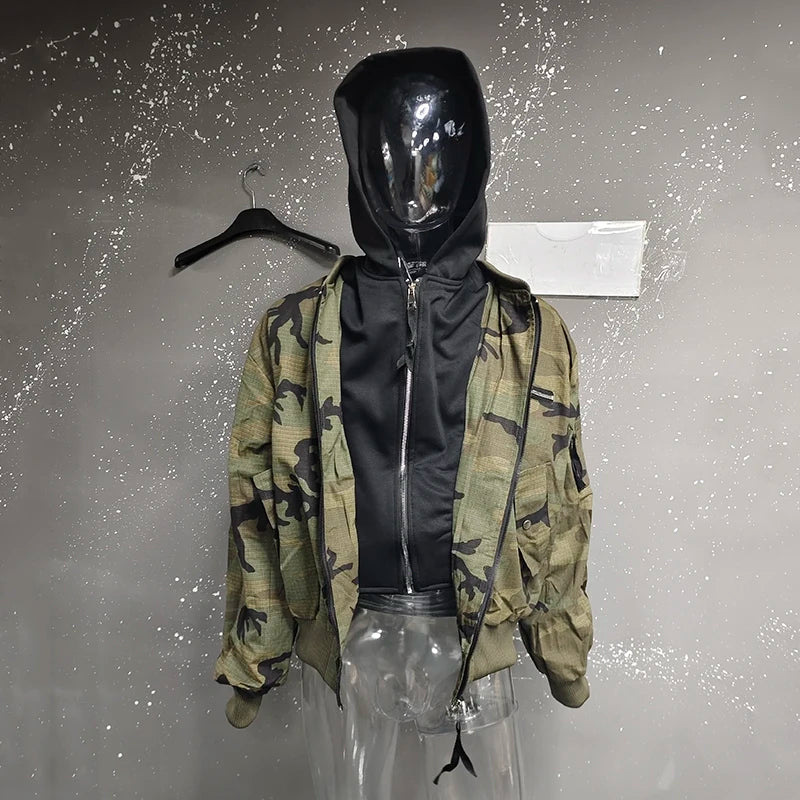 Patchwork Camouflage Zipper Hooded Jacket