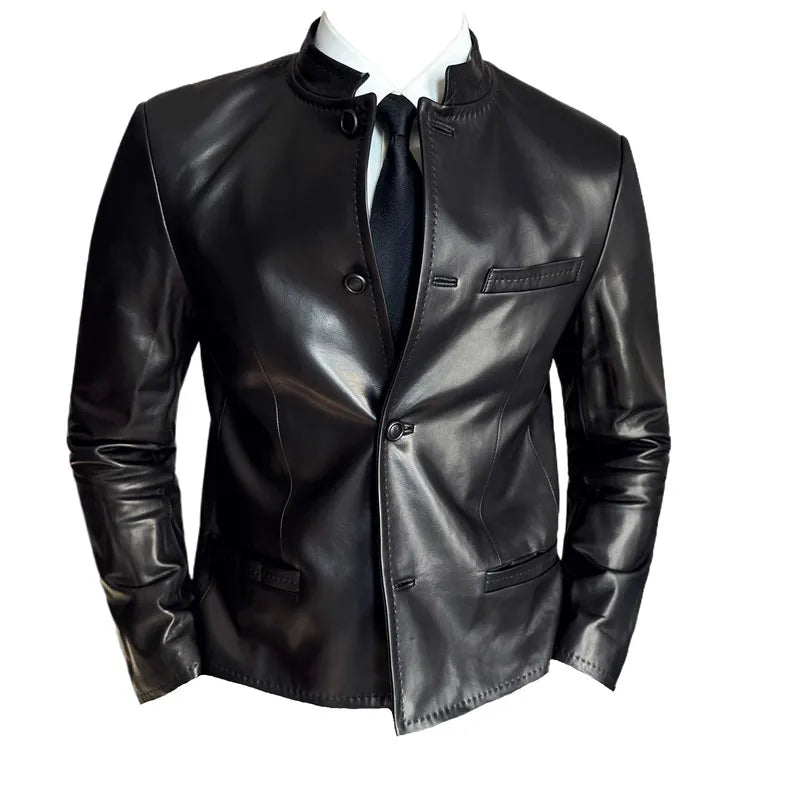 Shiny Black Leather Stand Collar Jacket