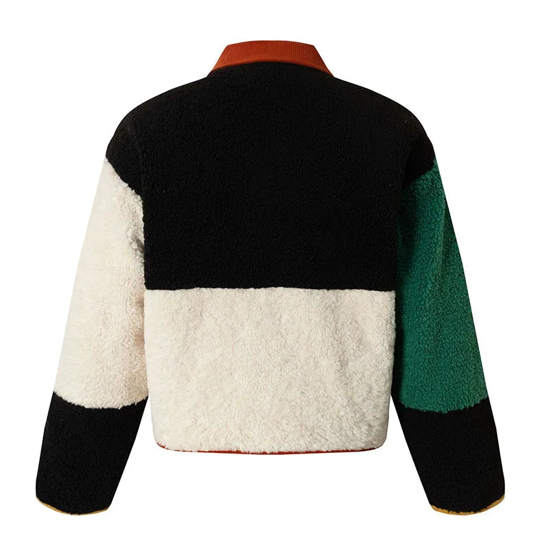Trendy Color Block Patchwork Fluffy Jacket