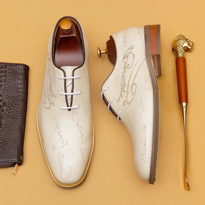 Handwritten Letter Pattern Leather Shoes