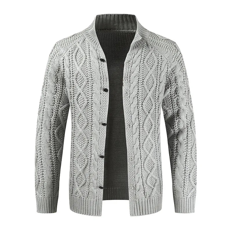 Solid Fitted Cable-knit Stand Collar Cardigan