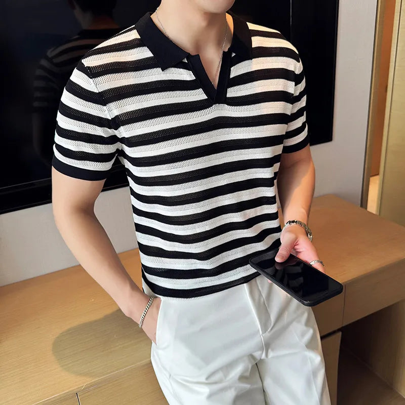 Striped V-Cut Short Sleeve Polo Shirt