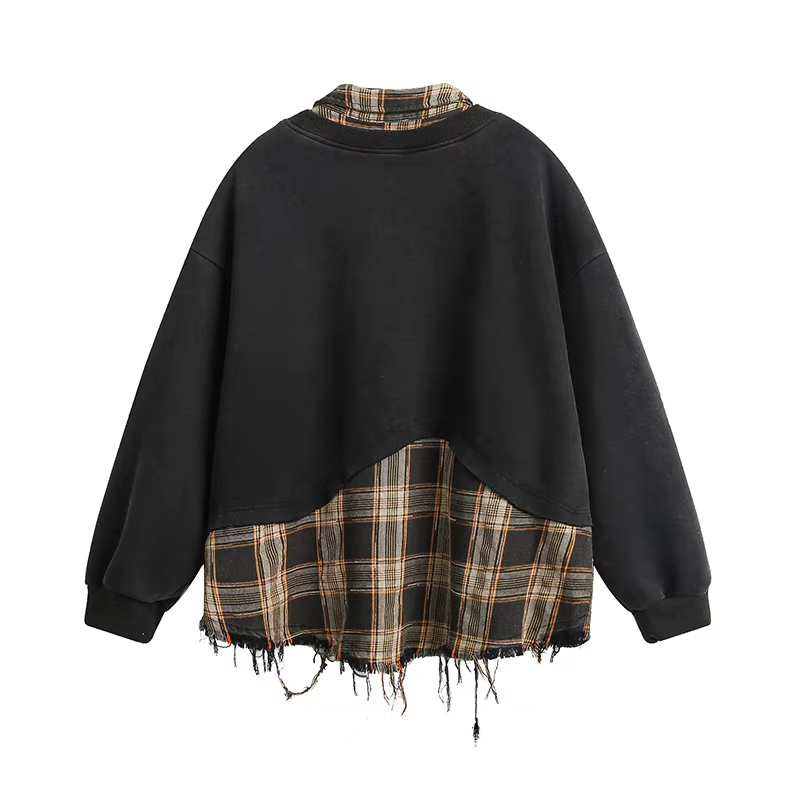 Plaid Letter Embroidery Patchwork Oversize Sweatshirt