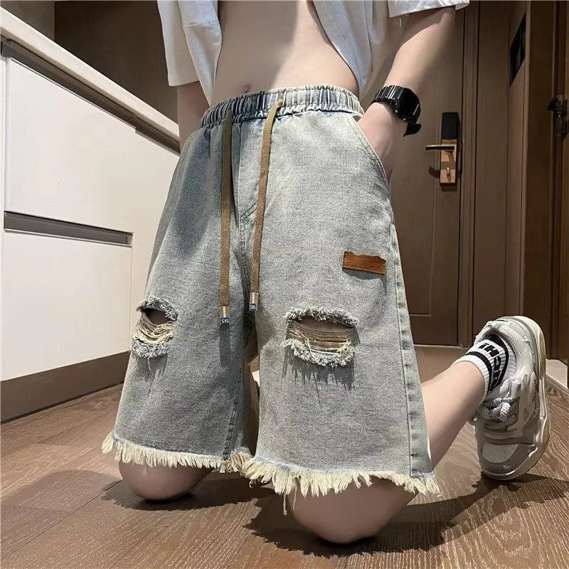 Washed Ripped Drawstring Denim Shorts