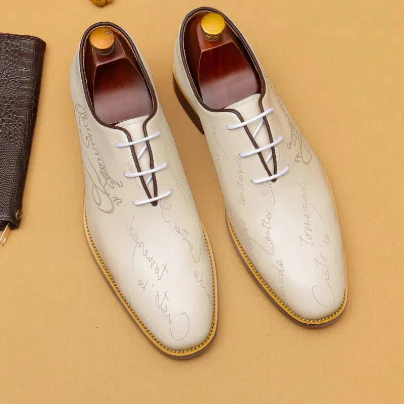 Handwritten Letter Pattern Leather Shoes