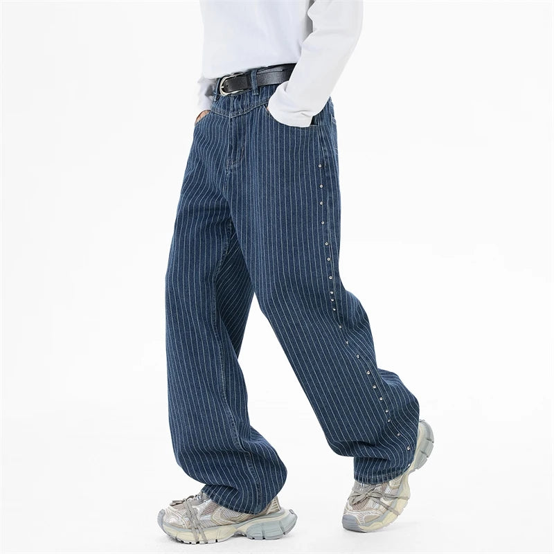 Blue Striped Side Seam Beaded Jeans