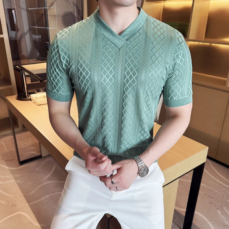 V-Neck Geometric Textured Casual T-Shirt