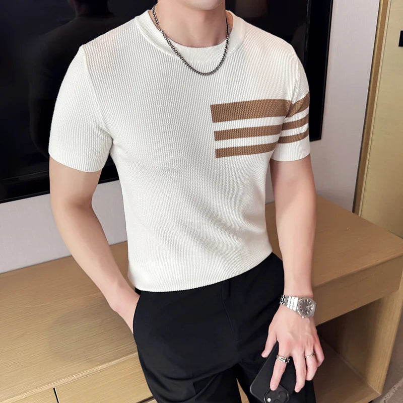 Striped Knitted Style Casual T-Shirt