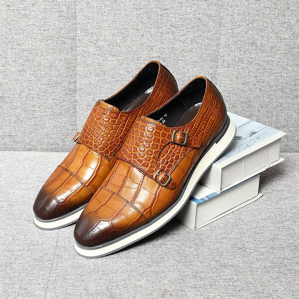Classic Crocodile Pattern Double Monk Shoes