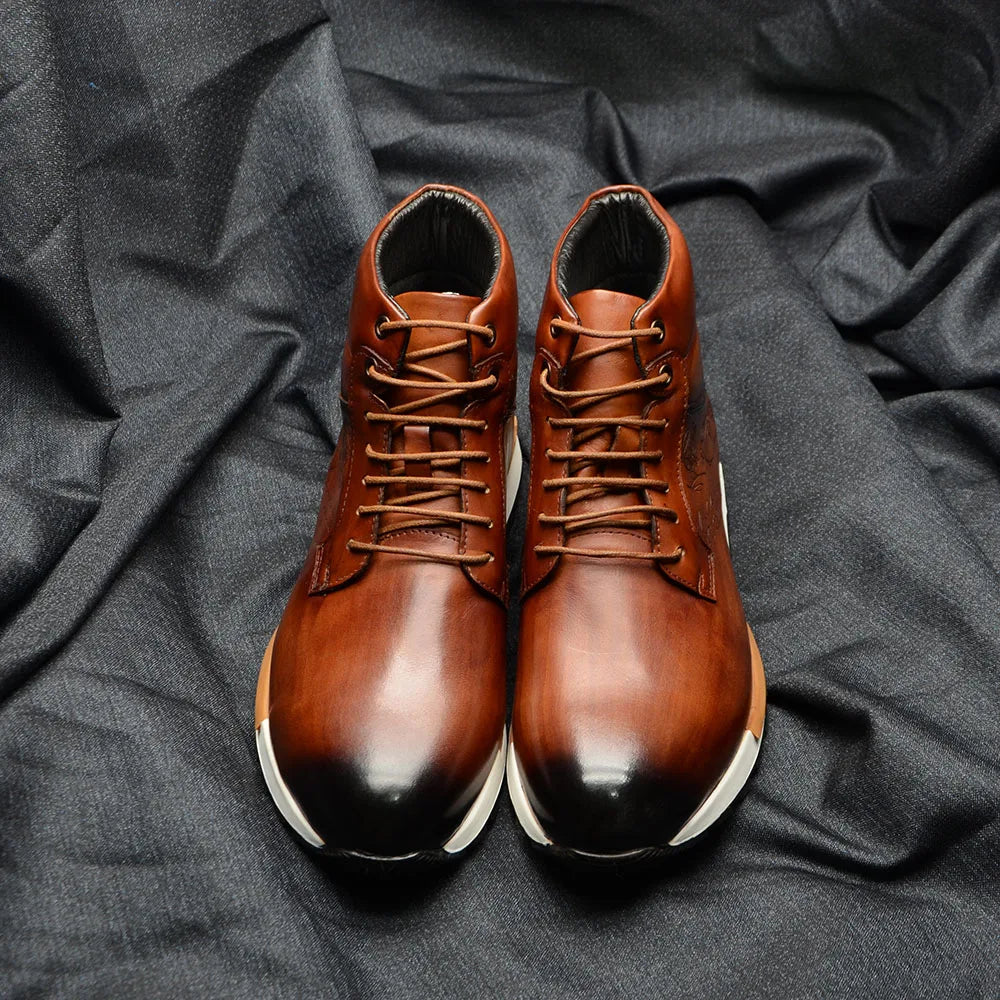 Letter Embossed Genuine Leather Boots