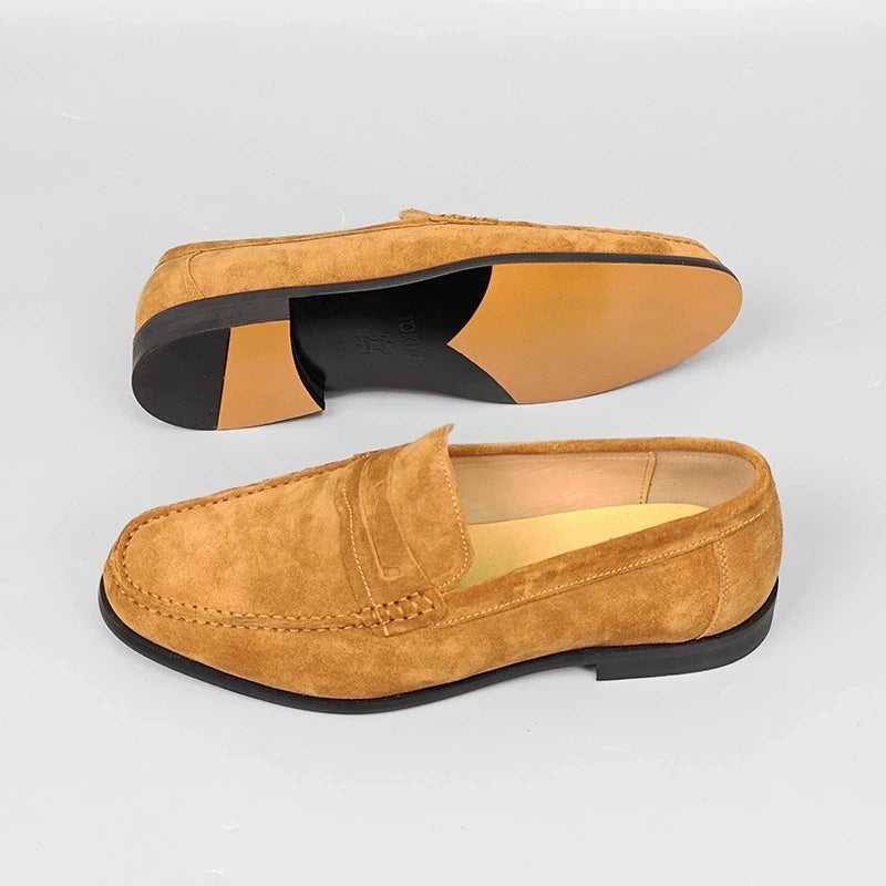 Solid Yellow Brown Suede Loafers