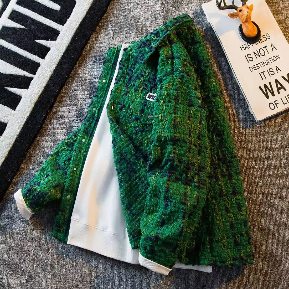Button Front Tweed Plaid Shirt Jacket