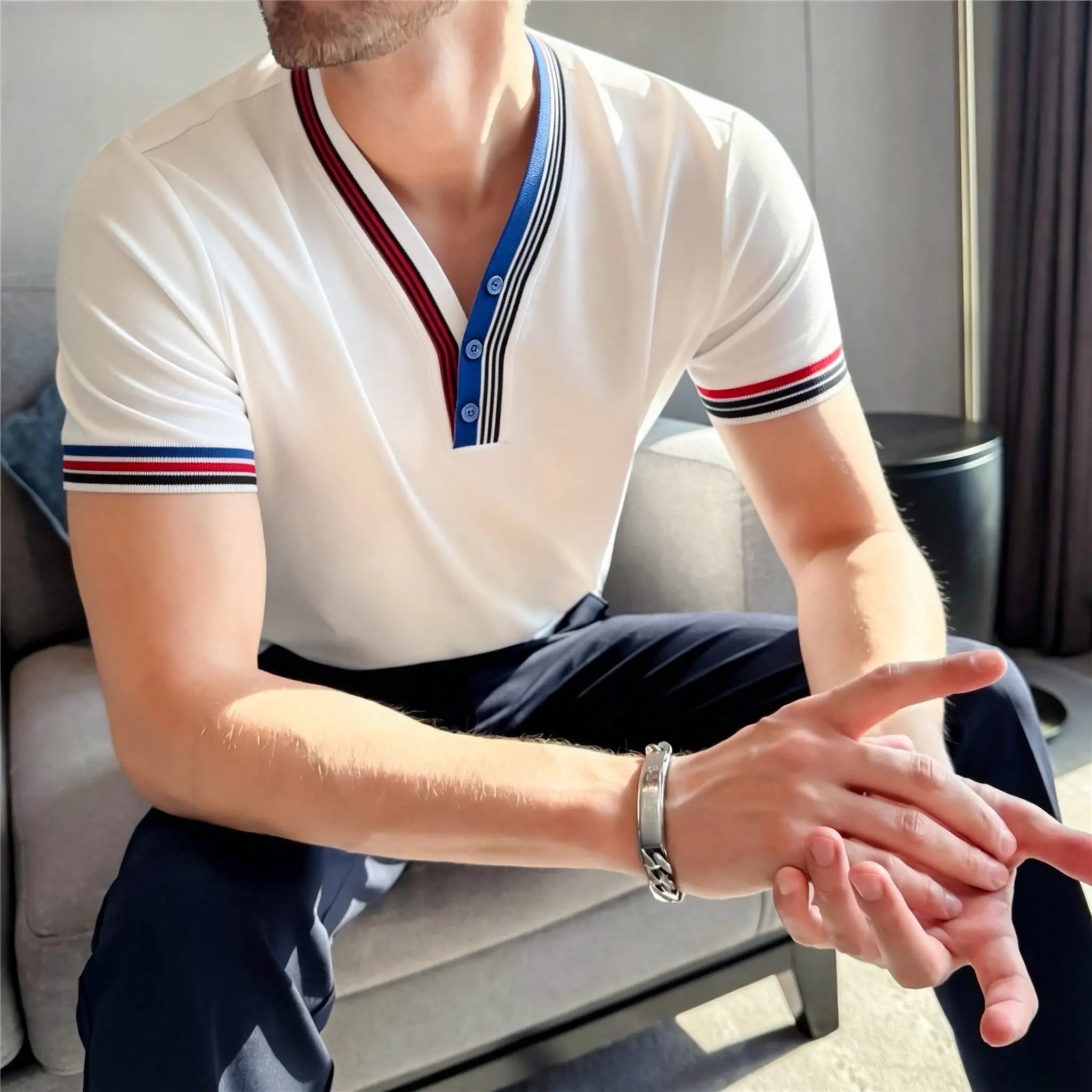Knitted Striped V-Neck T-Shirt